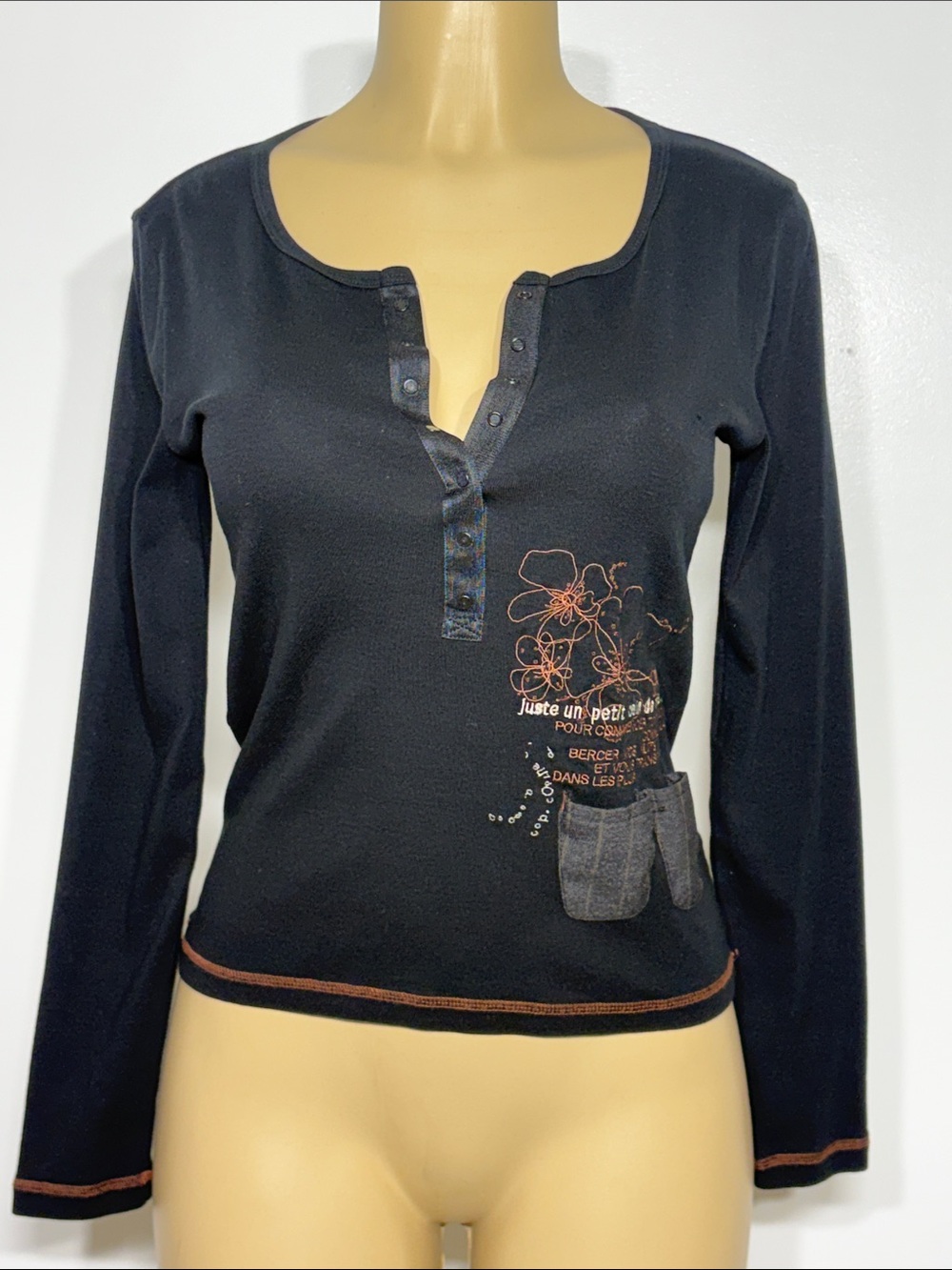 * Vintage Cop.Copine Black Long-Sleeve Henley Tee with Floral Graphic and Pocket